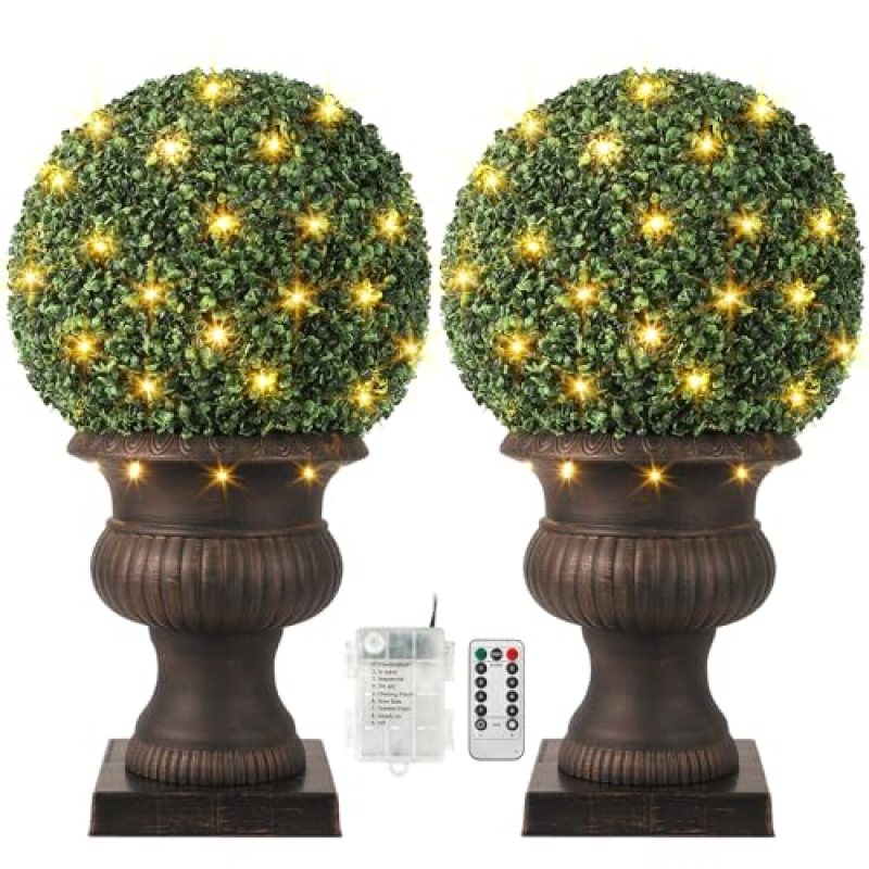 20” Artificial Plant Topiary Ball, Pre-Lit Artificial Topiary Plant with 50 Lights, Timer and Remote Control, Artificial Outdoor Porch Trees with Sturdy Pot for Outdoor Indoor,Red Urn Base 2 pcs 20” Artificial Plant Topiary Ball, Pre-Lit Artificial Topiary Plant with 50 Lights, Timer and Remote Control, Artificial Outdoor Porch Trees with Sturdy Pot for Outdoor Indoor,Red Urn Base 2 pcs