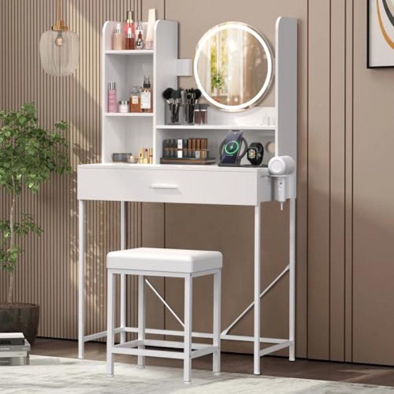 WIIS’ IDEA Small Vanity,Vanity Desk with Mirror and LED Lights,36″ White Makeup Vanity Table Set with Large DIY Storage Drawer,Power Outlet,for Bedroom,3 Lighting Modes,Adjustable Brightness WIIS’ IDEA Small Vanity,Vanity Desk with Mirror and LED Lights,36″ White Makeup Vanity Table Set with Large DIY Storage Drawer,Power Outlet,for Bedroom,3 Lighting Modes,Adjustable Brightness