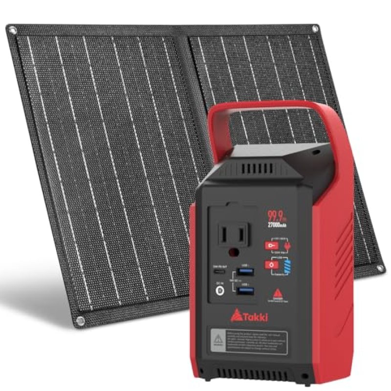 Takki 99Wh Solar Generator with 21W Solar Panels Set Included, Peak 120W Portable Power Station with 110V AC Outlet for Camping Outdoor Emergency Home Takki 99Wh Solar Generator with 21W Solar Panels Set Included, Peak 120W Portable Power Station with 110V AC Outlet for Camping Outdoor Emergency Home