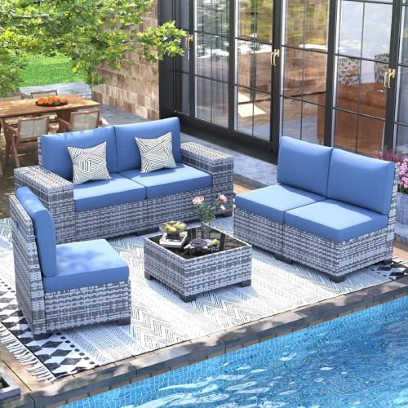 UDPATIO Patio Furniture Set, 8” Wide Armrest Modular Rattan Outdoor Sectional Sofa Set, 6 Pieces Wicker Patio Conversation Sets for Backyard,Deck w/ 4” Cushions,Cover,Coffee Table(Grey/Blue) UDPATIO Patio Furniture Set, 8” Wide Armrest Modular Rattan Outdoor Sectional Sofa Set, 6 Pieces Wicker Patio Conversation Sets for Backyard,Deck w/ 4” Cushions,Cover,Coffee Table(Grey/Blue)