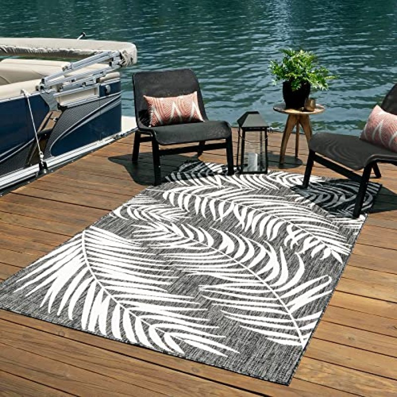 Unique Loom Outdoor Botanical Collection Area Rug – Palm (9′ x 12′ Rectangle, Charcoal/ Ivory) Unique Loom Outdoor Botanical Collection Area Rug – Palm (9′ x 12′ Rectangle, Charcoal/ Ivory)