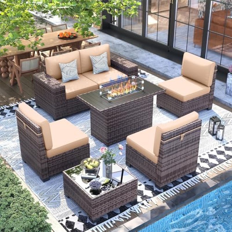 UDPATIO 7 Piece Patio Furniture Set with Fire Pit Table, 8”Wide Armrest Modular Rattan Outdoor Sectional Sofa Set,Wicker Patio Conversation Sets for Backyard,Deck w/ 4” Cushions,Cover(Brown/Khaki) UDPATIO 7 Piece Patio Furniture Set with Fire Pit Table, 8”Wide Armrest Modular Rattan Outdoor Sectional Sofa Set,Wicker Patio Conversation Sets for Backyard,Deck w/ 4” Cushions,Cover(Brown/Khaki)