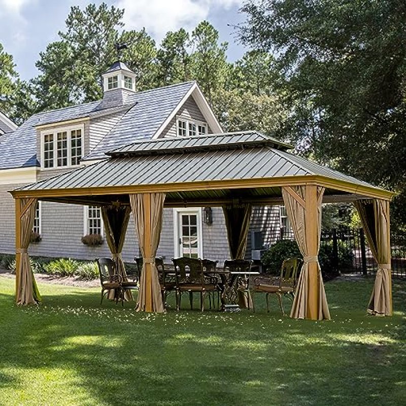 12’ x 20’ Hardtop Gazebo Outdoor Aluminum Wood Grain Gazebos with Galvanized Steel Double Canopy for Patios Deck Backyard,Curtains&Netting by domi outdoor living 12’ x 20’ Hardtop Gazebo Outdoor Aluminum Wood Grain Gazebos with Galvanized Steel Double Canopy for Patios Deck Backyard,Curtains&Netting by domi outdoor living