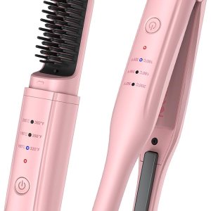2Pcs Pink Cordless Portable Hair Straightener and Travel Hair Straightener Brush Set with Carrying Case, Hair Straightening Irons and Hot-Air Hair Brushes Set for Beauty and Personal Care