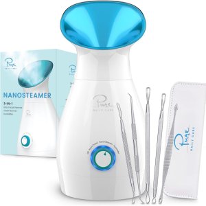 NanoSteamer Large 3-in-1 Nano Ionic Facial Steamer with Precise Temp Control – Humidifier – Unclogs Pores – Blackheads – Spa Quality – Bonus 5 Piece Stainless Steel Skin Kit (Teal)