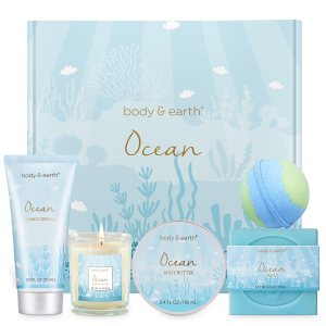 Gifts for Women, Bath and Body Gift Sets for Women with 5 Pcs Ocean Scented Spa Gifts for Women, Bath Gifts for Women with Scented Candle Body Butter Hand Cream Bath Bomb Womens Gifts for Christmas
