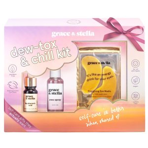 grace & stella Award Winning Dew-Tox & Chill Skincare Gift Set – Christmas Stocking Stuffer with Gold Eye Masks, Hyaluronic Acid Serum & Rose Spray – Birthday Gifts for Women, Teens, Mom, Brides