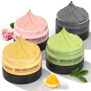 4 Pcs Clay Facial Mask Gift Set – Turmeric, Vitamin C, Green Tea, Dead Sea Mud, and Rose Clay for Deep Cleansing, Moisturizing, and Refining Pores – 240g