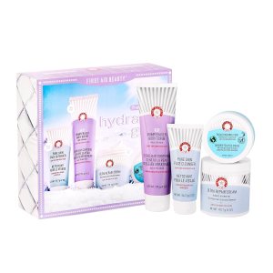 First Aid Beauty – Hydrated Glow Kit: KP Bump Eraser Body Scrub, 4 oz, Facial Radiance Pads, 28 Pads, Pure Skin Face Cleanser, 2 oz, & Ultra Repair Cream, 6oz, Hydration and Exfoliation Treatment, 4ct