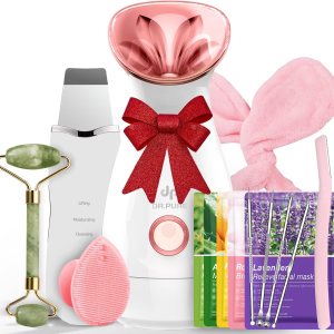 Facial Steamer Self-Care Gift Kit: Nano Ionic Face Steamer Deep Cleaning Unclogs Pores – Home Sauna Spa Humidifier Hot Mist for Women Men Sinus Moisturizing (Rose Gold)