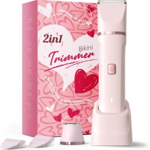 Bikini Trimmer for Women – Painless Electric Razors for Silk Skin,Cordless Body Shaver for Trip,Replaceable Lady Facial Razor, IPX7 Waterproof&Easy Cleaning, Ceramic Blade, USB Charge Dock Pink