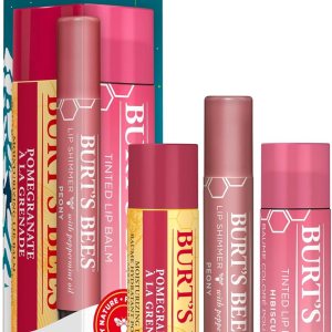 Burt’s Bees Christmas Gifts, 3 Lip Care Stocking Stuffers Products, Mistletoe Kiss Set – Pomegranate Moisturizing Lip Balm, Hibiscus Tinted Lip Stain + Balm Duo & Peony Lip Shimmer Oil Stick (3-Pack)
