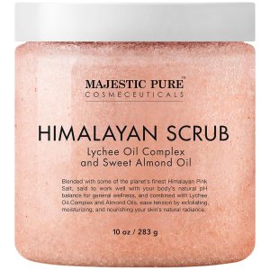 MAJESTIC PURE Himalayan Pink Salt Body Scrub with Lychee Oil and Sweet Almond Oil | Exfoliating Body Scrub for Skin Care, Stretch Marks, Acne, Cellulite | Body Scrub Exfoliator |10 oz