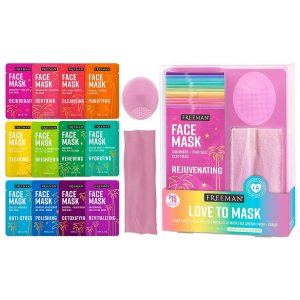 Freeman 14 Piece Love To Mask Variety Pack, Face Masks For All Skin Types, Hydrate, Detoxify, & Clear Skin, Exfoliating Scrub, Bonus Headband & Skin Buffer, Stocking Stuffer, Cruelty-Free & Vegan