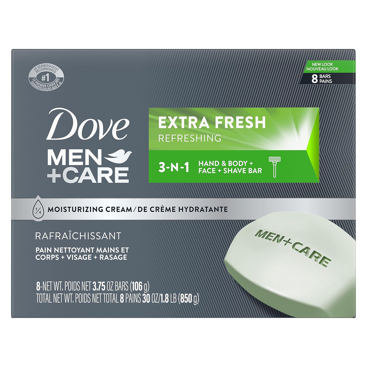 DOVE MEN + CARE 3 in 1 Bar Cleanser for Body, Face, and Shaving Extra Fresh Body and Facial Cleanser More Moisturizing Than Bar Soap to Clean and Hydrate Skin 3.75 Ounce (Pack of 8) DOVE MEN + CARE 3 in 1 Bar Cleanser for Body, Face, and Shaving Extra Fresh Body and Facial Cleanser More Moisturizing Than Bar Soap to Clean and Hydrate Skin 3.75 Ounce (Pack of 8)
