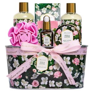 Gift Basket for Women – 8 Pc Rose & Jasmine Beauty & Personal Care Set – Home Bath Pampering Package for Relaxing – Spa Self Care Kit – Thank You, Birthday, Mom, Anniversary, Christmas Gift