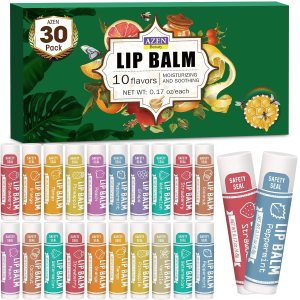 AZEN 30 Pack Lip Balm, Natural Lip Balm Bulk, Lip Care Product, Moisturizing Lip Balm for dry cracked lips – 10 Flavors