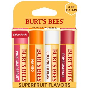 Burt’s Bees Lip Balm Stocking Stuffers, Moisturizing Lip Care Christmas Gifts, SuperFruit – Pomegranate, Coconut & Pear, Mango, Pink Grapefruit, Natural Origin Treatment (4-Pack)