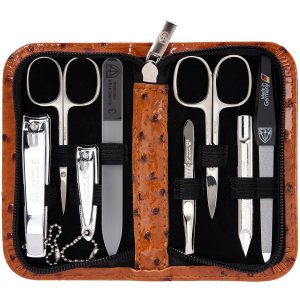 3 Swords Germany – brand quality 8 piece manicure pedicure grooming kit set synthetic leather case ostrich cognac – Made in Germany