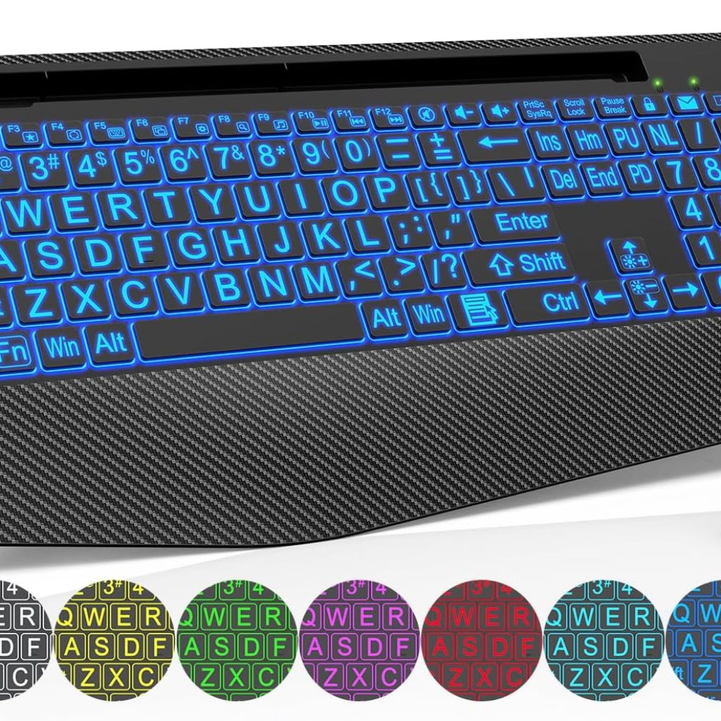 Wireless Keyboard with 7 Colored Backlits, Wrist Rest, Phone Holder, Rechargeable Ergonomic Computer Keyboard with Silent Keys, Full Size Lighted Keyboard for Windows, Mac, PC, Laptop (Large Print) Wireless Keyboard with 7 Colored Backlits, Wrist Rest, Phone Holder, Rechargeable Ergonomic Computer Keyboard with Silent Keys, Full Size Lighted Keyboard for Windows, Mac, PC, Laptop (Large Print)