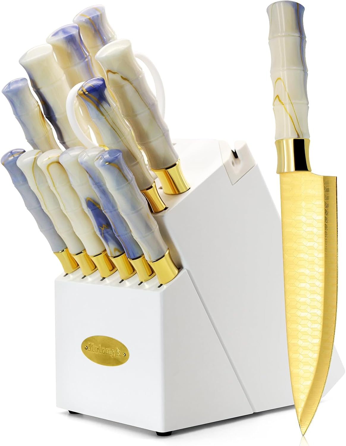 14-Piece Knife Block Set, Non Stick Sharp Stainless Steel Kitchen Knives Set, Knife Set with Self-Sharpener, Steak Knife, Bread Knife, Scissors, Chef Quality, Marbled Handle Gold Blade 14-Piece Knife Block Set, Non Stick Sharp Stainless Steel Kitchen Knives Set, Knife Set with Self-Sharpener, Steak Knife, Bread Knife, Scissors, Chef Quality, Marbled Handle Gold Blade