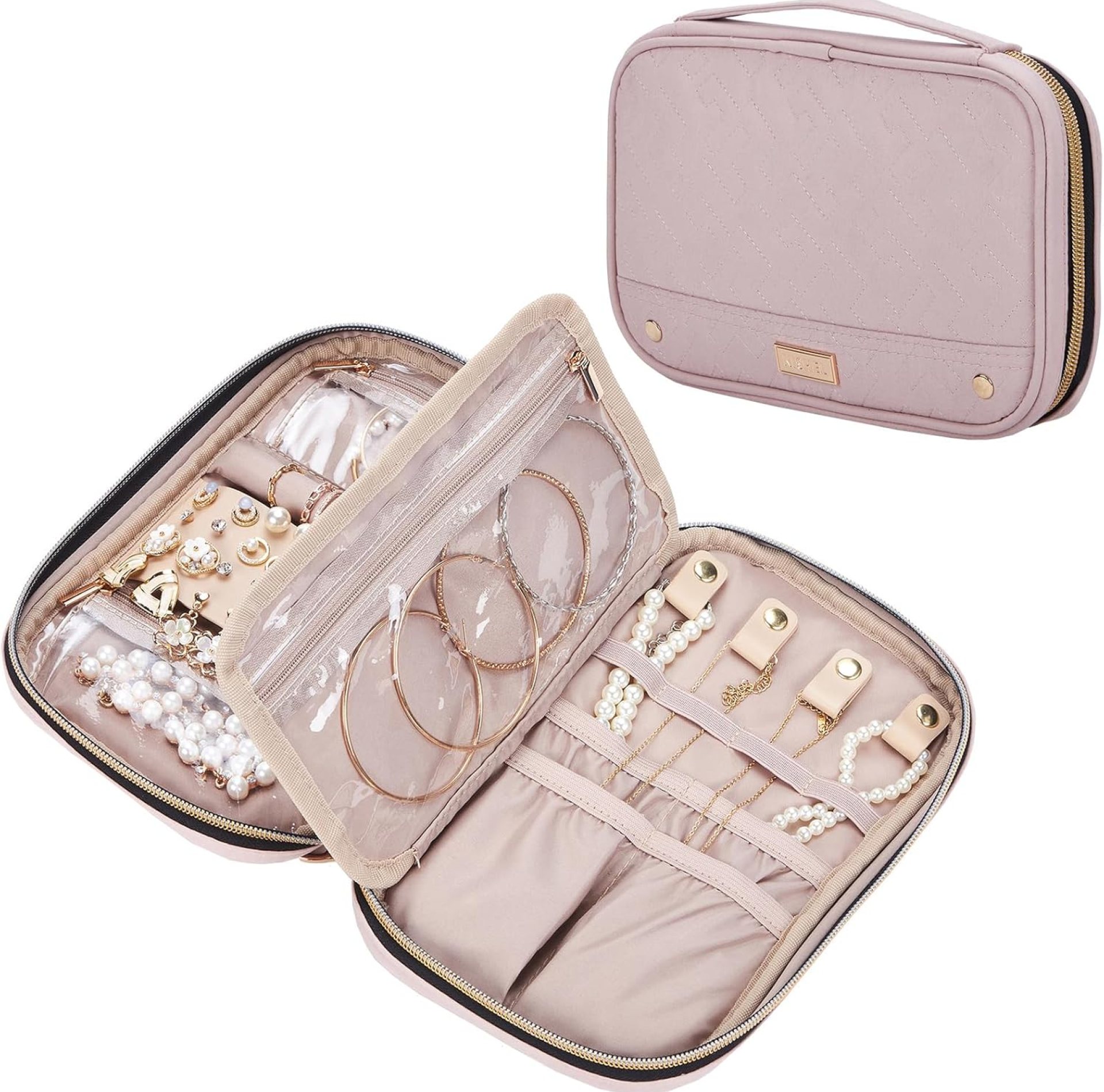 NISHEL Travel Jewelry Case, Holiday Organizer for Necklaces, Earrings, Rings, Bracelets, Watch, Pink NISHEL Travel Jewelry Case, Holiday Organizer for Necklaces, Earrings, Rings, Bracelets, Watch, Pink