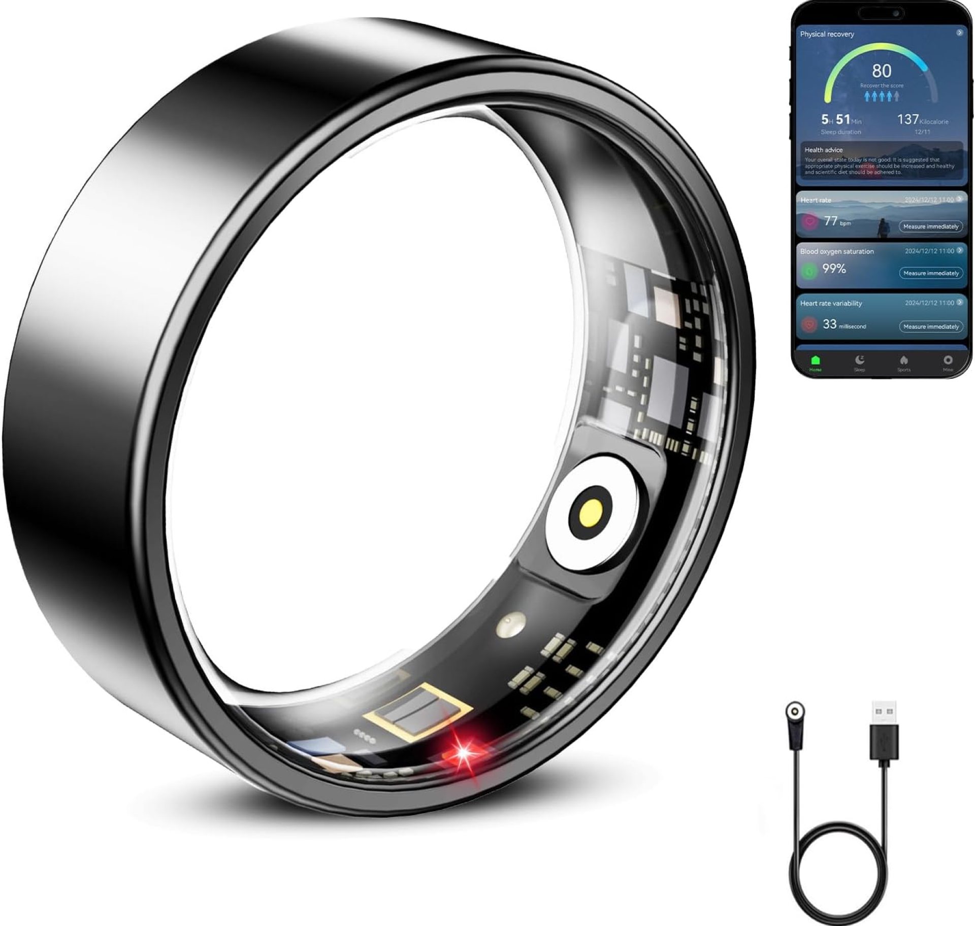 Smart Ring for Women & Men, Smart Ring Health Tracker, Blood Oxygen & Heart Rate Monitor Sleep Ring, Waterproof Fitness Ring, Long Lasting Battery Smart Rings (Black, 8#) Smart Ring for Women & Men, Smart Ring Health Tracker, Blood Oxygen & Heart Rate Monitor Sleep Ring, Waterproof Fitness Ring, Long Lasting Battery Smart Rings (Black, 8#)