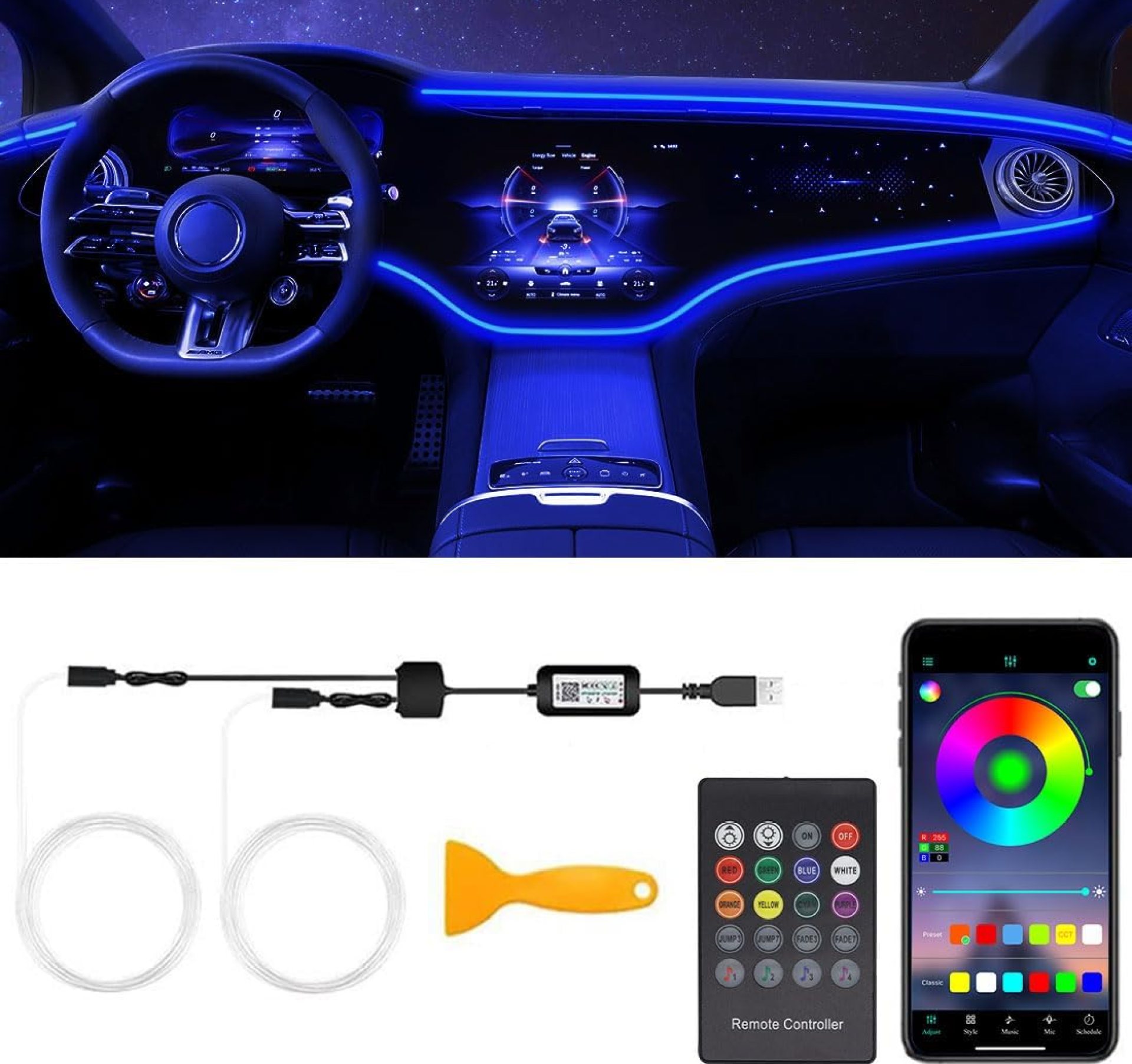 Interior Car LED Strip Lights with Wireless APP & Remote Control, RGB 2 in 1 Car Ambient Lighting Kit with 158 Inches Fiber Optic, Inside Neon Dash Strip with Music Mode Interior Car LED Strip Lights with Wireless APP & Remote Control, RGB 2 in 1 Car Ambient Lighting Kit with 158 Inches Fiber Optic, Inside Neon Dash Strip with Music Mode