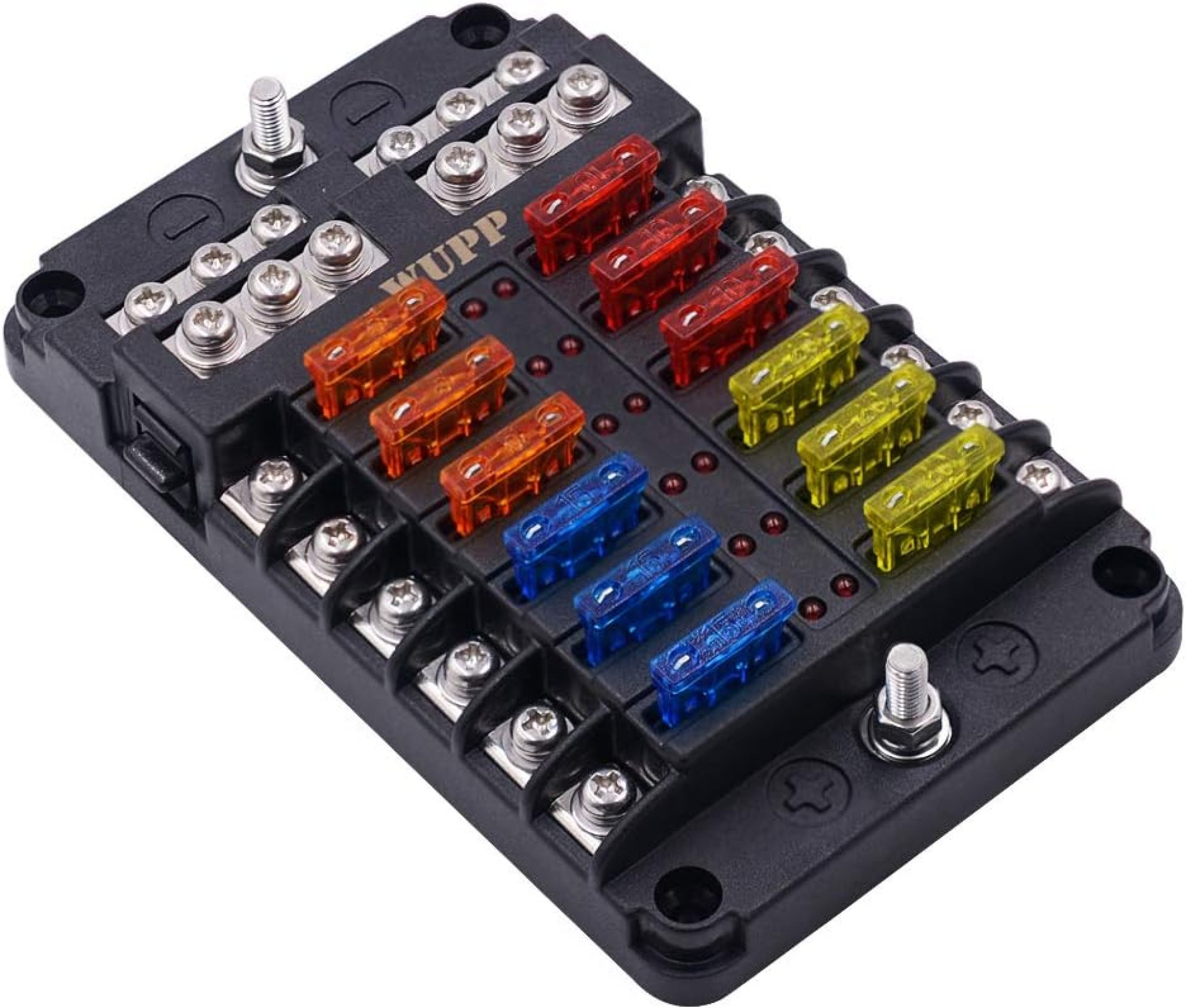 WUPP Boat Marine Fuse Block Panel with LED Warning Indicator Damp-Proof Cover – 12 Circuits with Negative Bus Fuse Box Holder Screw for Car Marine RV Truck DC 12-24V, Fuses Included WUPP Boat Marine Fuse Block Panel with LED Warning Indicator Damp-Proof Cover – 12 Circuits with Negative Bus Fuse Box Holder Screw for Car Marine RV Truck DC 12-24V, Fuses Included