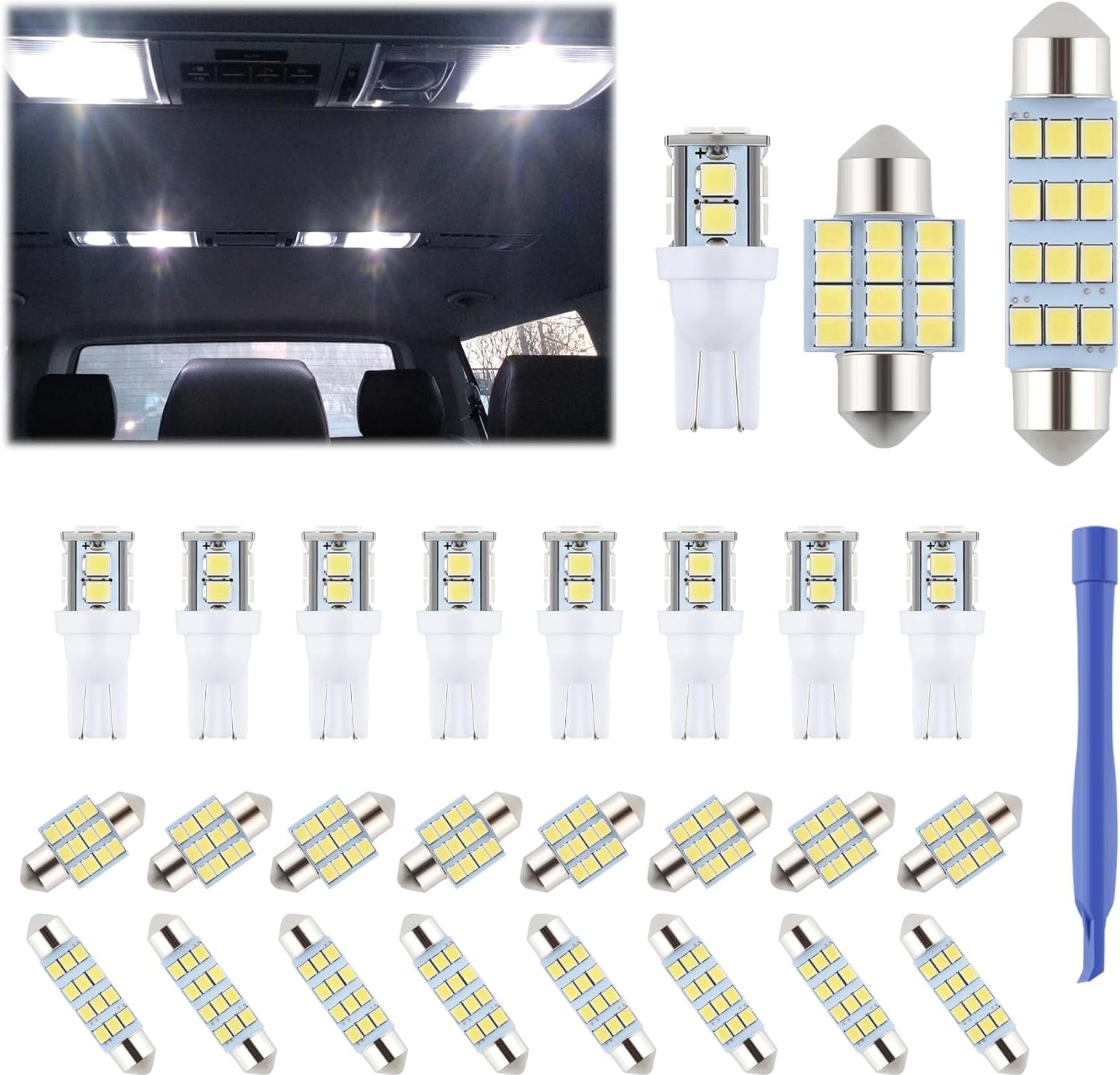24 Pieces Dome Light LED Car Interior Bulb Kit Set 194 T10 DE3175 578 31mm 42mm Bulbs Interior Replacement Lights for Car Map License Plate Door Side Marker Cornering Trunk Light – White 24 Pieces Dome Light LED Car Interior Bulb Kit Set 194 T10 DE3175 578 31mm 42mm Bulbs Interior Replacement Lights for Car Map License Plate Door Side Marker Cornering Trunk Light – White