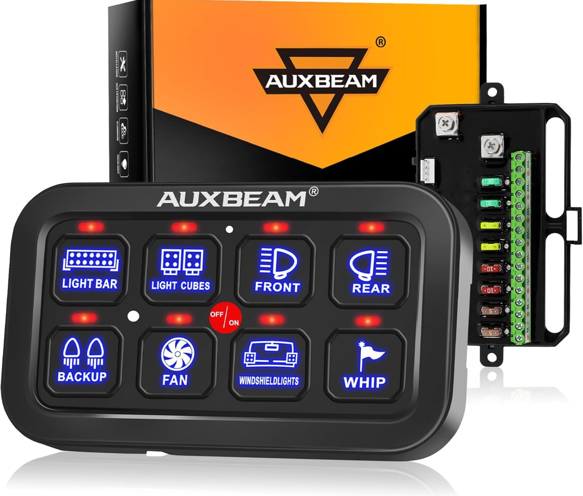 Auxbeam 8 Gang Switch Panel BA80 Automatic Dimmable LED Touch Control Panel Box Electronic Relay System Car Touch Switch Box Universal for Truck ATV UTV Boat Marine SUV Caravan -Blue, 2 Years Warranty Auxbeam 8 Gang Switch Panel BA80 Automatic Dimmable LED Touch Control Panel Box Electronic Relay System Car Touch Switch Box Universal for Truck ATV UTV Boat Marine SUV Caravan -Blue, 2 Years Warranty