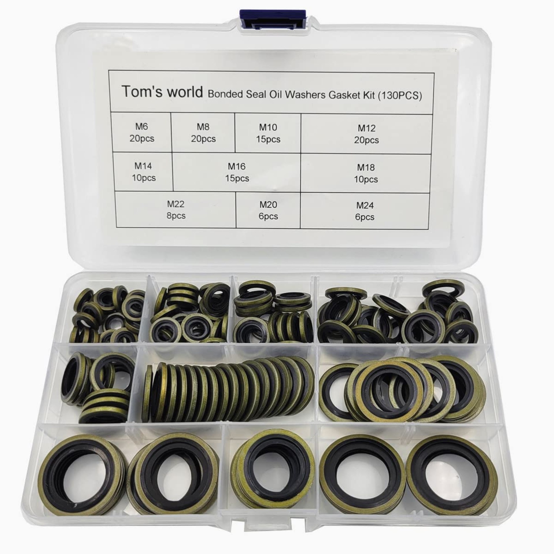 Tom’s world 130Pcs Self-Centered Bonded Seal Oil Washers Gasket Assortment Kit for Plumbing, Automotive, Mechanical, Electrical, Cylinder Repairs (M6-M24) Tom’s world 130Pcs Self-Centered Bonded Seal Oil Washers Gasket Assortment Kit for Plumbing, Automotive, Mechanical, Electrical, Cylinder Repairs (M6-M24)