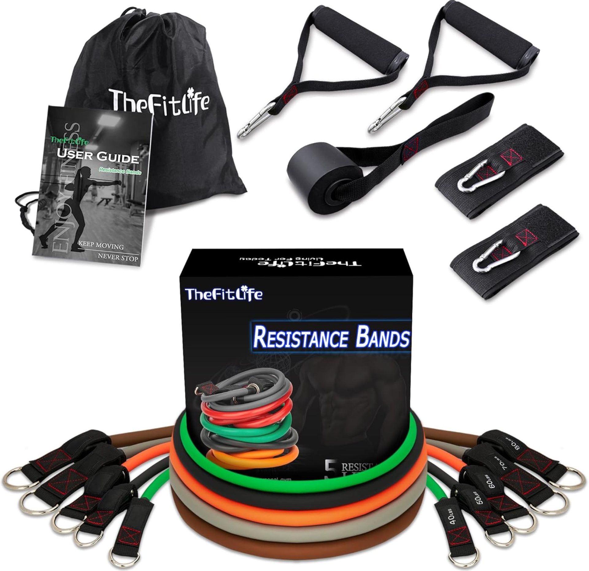 TheFitLife Resistance Bands with Handles – Designed for American Body Types, Exercise Workout Tubes for Men, Women, Includes Large Handles, Ankle Straps, Door Anchor, Fitness Levels TheFitLife Resistance Bands with Handles – Designed for American Body Types, Exercise Workout Tubes for Men, Women, Includes Large Handles, Ankle Straps, Door Anchor, Fitness Levels