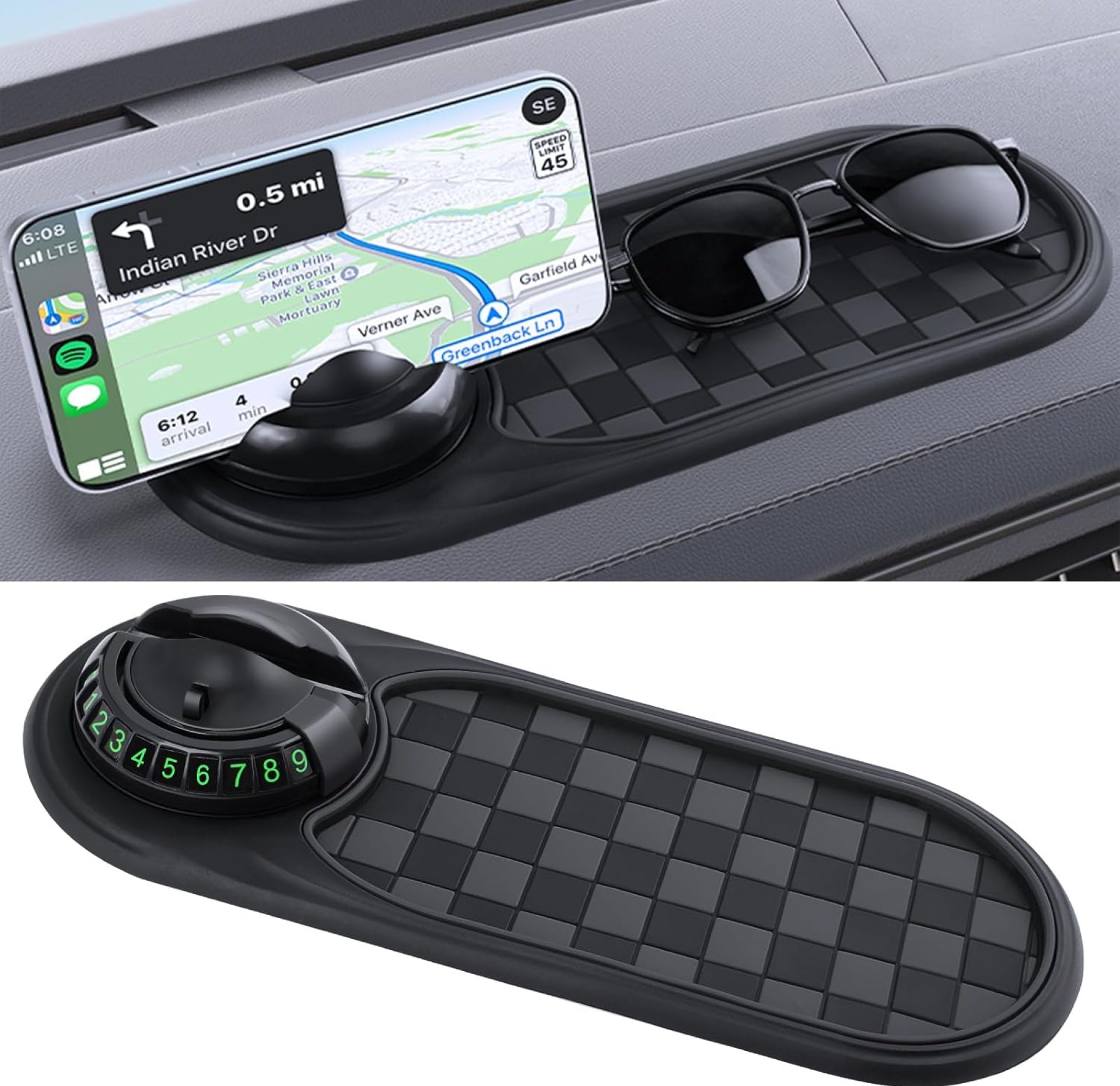 Multifunction Car Anti-Slip Mat, Rotatable Anti Skid Car Dashboard Pad with Temporary Parking Numbe, Universal Car Phone Holder, and Large Pad for Phones Sunglasses Keys Gadgets (Black Gray) Multifunction Car Anti-Slip Mat, Rotatable Anti Skid Car Dashboard Pad with Temporary Parking Numbe, Universal Car Phone Holder, and Large Pad for Phones Sunglasses Keys Gadgets (Black Gray)