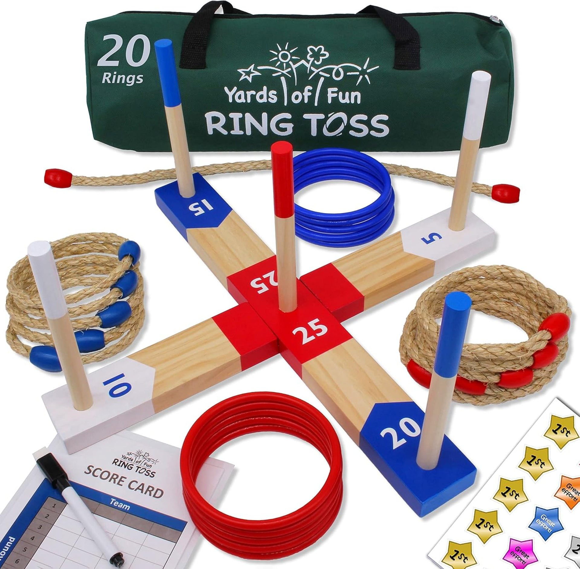 Wooden Ring Toss Game for Kids, Family & Adults. 20 Rope & Plastic Rings, Scorecard, Stickers, Bag, Start Line. Fully Equipped, Fun Indoor & Outdoor Yard Games Set for Outside, Backyard. Wooden Ring Toss Game for Kids, Family & Adults. 20 Rope & Plastic Rings, Scorecard, Stickers, Bag, Start Line. Fully Equipped, Fun Indoor & Outdoor Yard Games Set for Outside, Backyard.