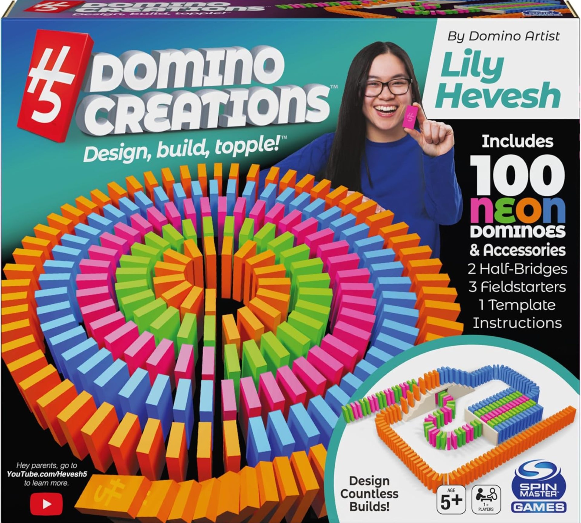 Spin Master Games, Lily Hevesh H5 Domino Creations 100-Piece Neon Dominoes Set, Building Toys for Kids & Family, Classic Activity Game, 1 & Up Players, for Ages 5 & Up Spin Master Games, Lily Hevesh H5 Domino Creations 100-Piece Neon Dominoes Set, Building Toys for Kids & Family, Classic Activity Game, 1 & Up Players, for Ages 5 & Up
