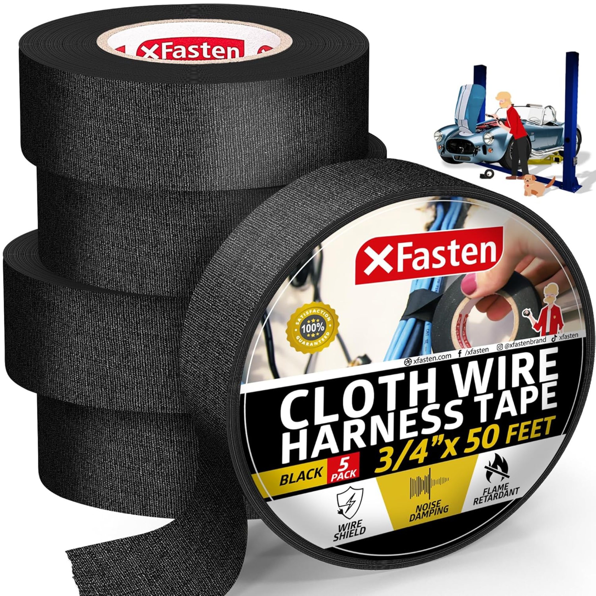 XFasten Wire Harness Tape, 3/4-Inch x 50-Foot (5-Pack), High Temp Wiring Loom Harness, Self-Adhesive Felt Cloth Electrical Tape for Automotive Engines, Noise Dampening, and Cable Protection XFasten Wire Harness Tape, 3/4-Inch x 50-Foot (5-Pack), High Temp Wiring Loom Harness, Self-Adhesive Felt Cloth Electrical Tape for Automotive Engines, Noise Dampening, and Cable Protection