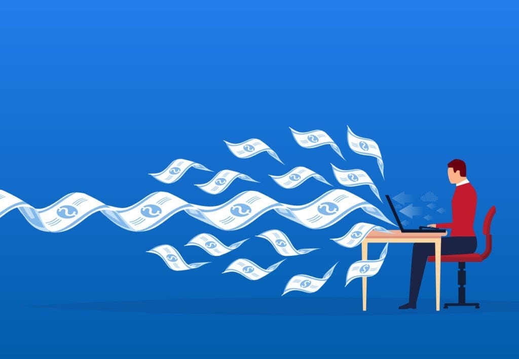 The documents of the businessman’s work turned into money and flew out of the computer | Easy Affiliate monetize your blog with affiliate marketing