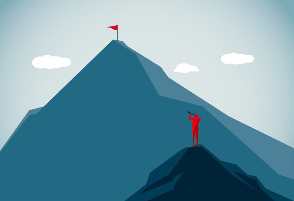 mountain peak | Easy Affiliate illustration of man looking toward a mountain peak