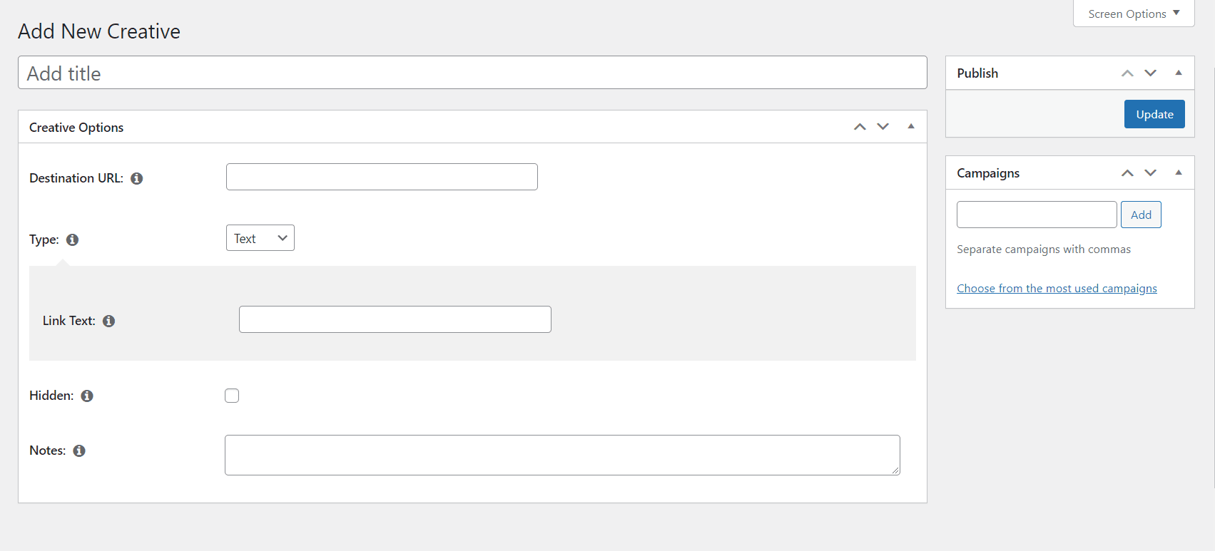 Blank New Creative Screen | Easy Affiliate A blank screen for affiliate link creation.