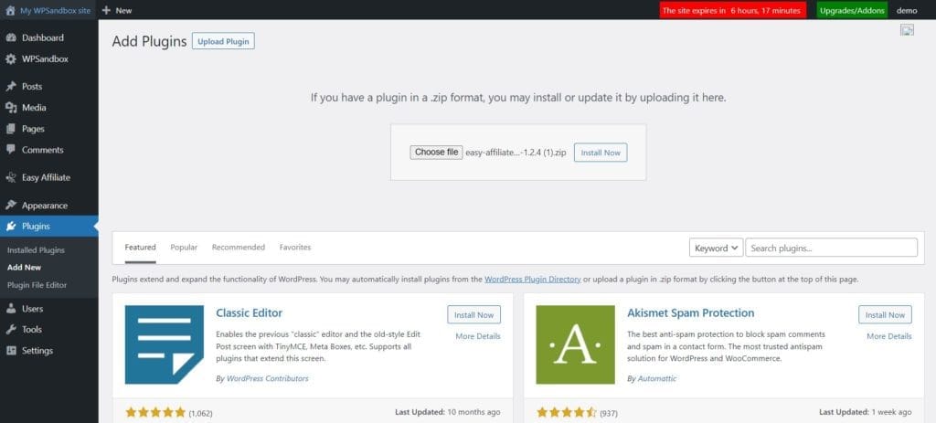 step2.1 | Easy Affiliate Uploading easy affiliate plugin to wordpress