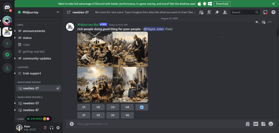 Midjourney lets you choose an image and continue working with it