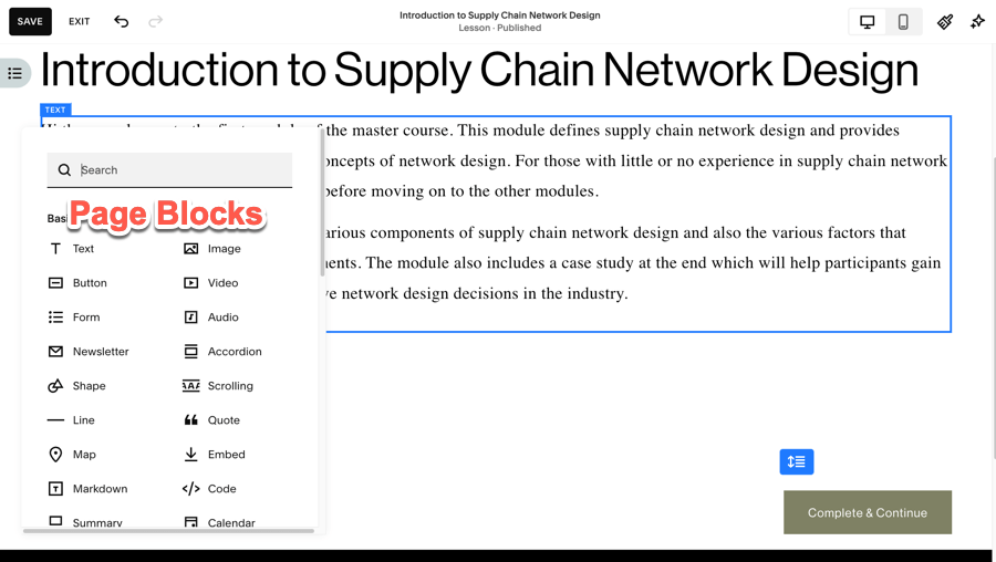 Available page blocks in Squarespace