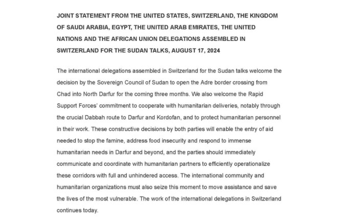 Sudan: Joint Statement on Sudan from the International Delegations in Switzerland Sudan: Joint Statement on Sudan from the International Delegations in Switzerland