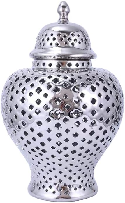 ARTLINE Traditional Pierced Ginger Jar with Lid, Carved Lattice Decorative Temple Jar, Cut Out Ceramic Vases for Home Decor (Large, Silver) ARTLINE Traditional Pierced Ginger Jar with Lid, Carved Lattice Decorative Temple Jar, Cut Out Ceramic Vases for Home Decor (Large, Silver)