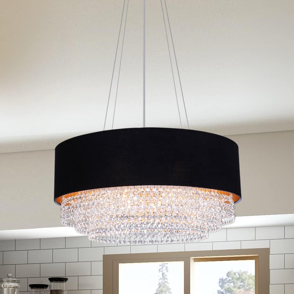 Wellmet Modern Black Drum Crystal Chandelier, 4 Light Crystal Black Gold Shade Chandelier Lighting Fixture for Living Room, Bedroom, Dining Room, Foyer, Entryway, Store, 21.65”W Wellmet Modern Black Drum Crystal Chandelier, 4 Light Crystal Black Gold Shade Chandelier Lighting Fixture for Living Room, Bedroom, Dining Room, Foyer, Entryway, Store, 21.65”W