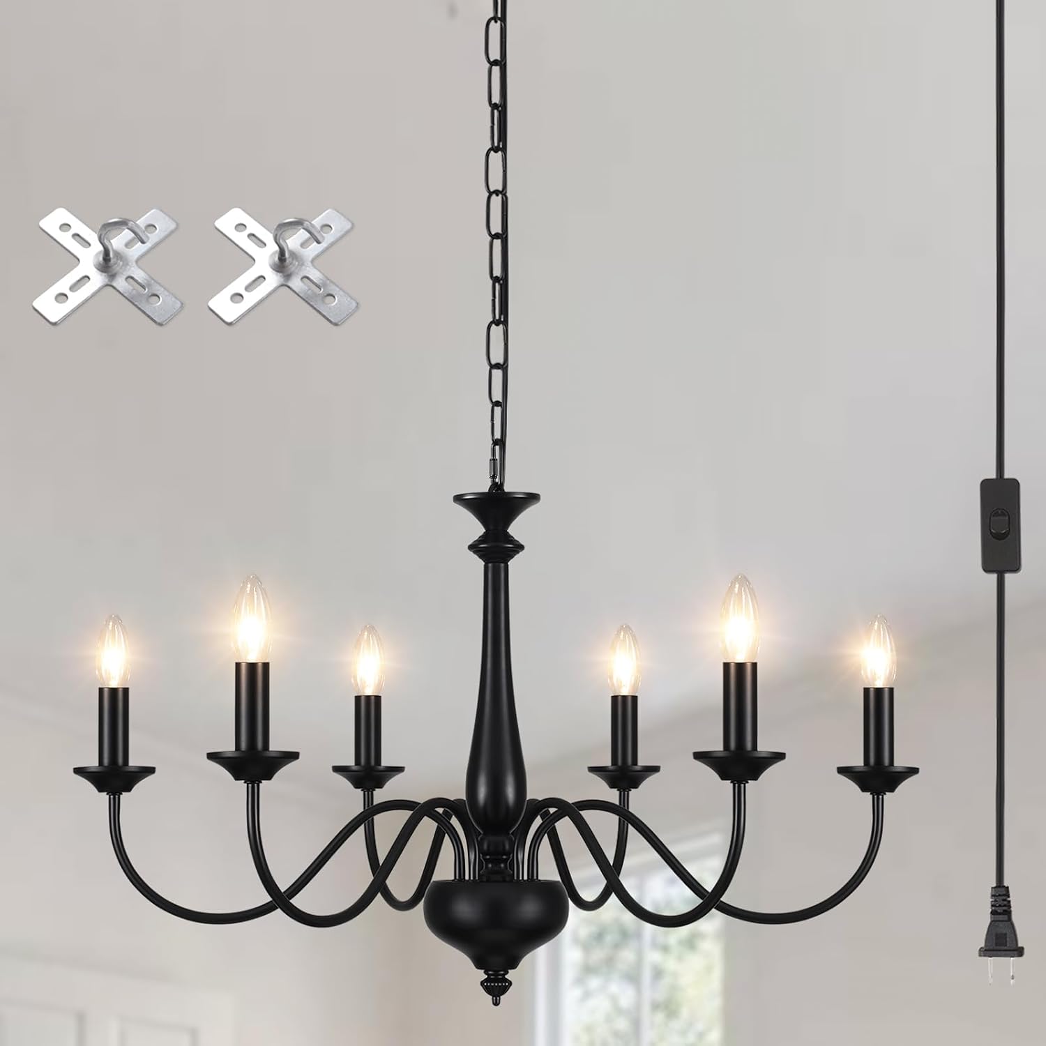 Plug in Chandelier Lighting with Cord 15ft & On/Off Switch, Hanging Lights with Plug in Cord, 6 Light Black Farmhouse Chandelier for Dinging Room Living Room Kitchen Island Bedroom Plug in Chandelier Lighting with Cord 15ft & On/Off Switch, Hanging Lights with Plug in Cord, 6 Light Black Farmhouse Chandelier for Dinging Room Living Room Kitchen Island Bedroom