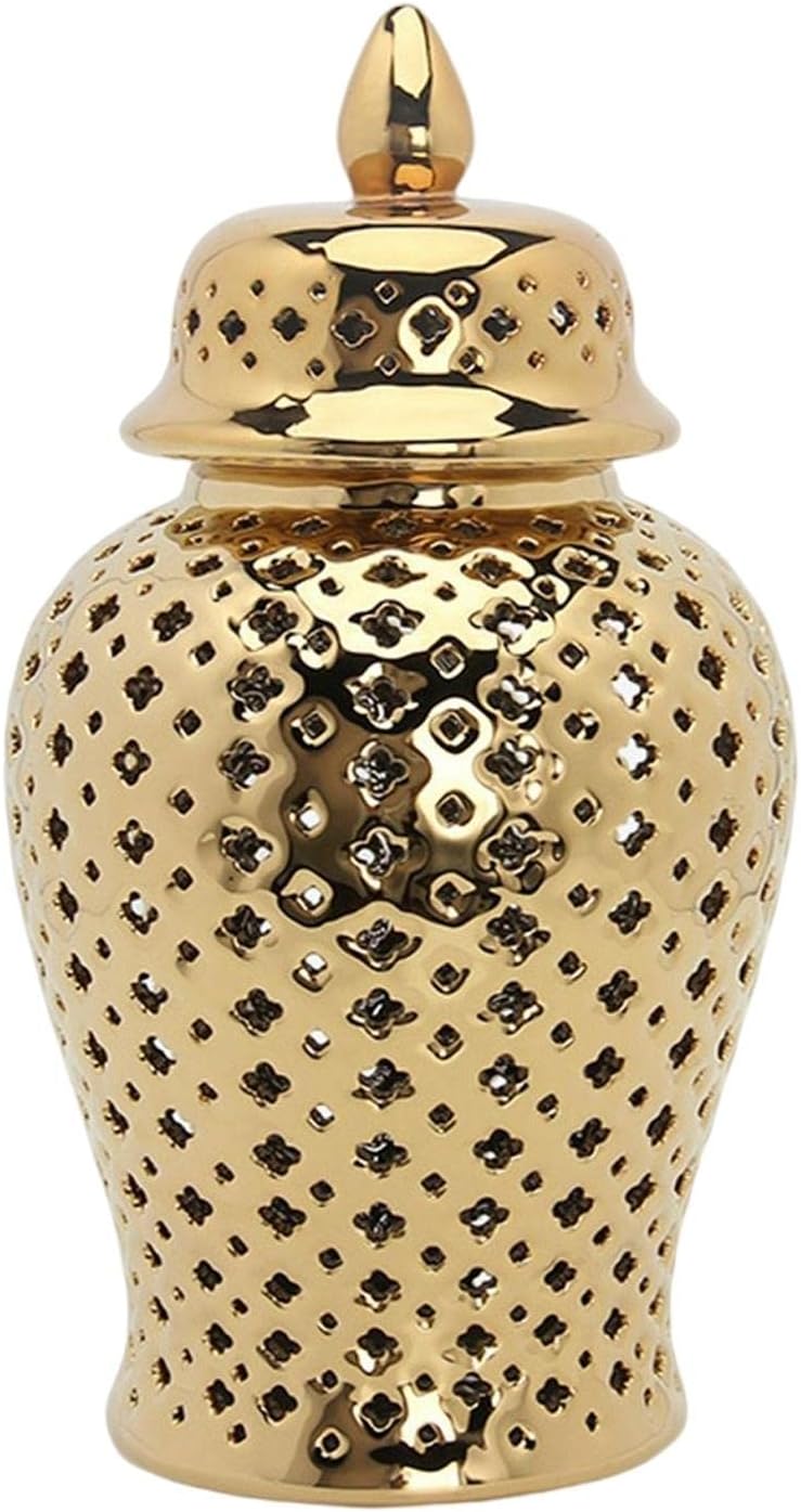 Ceramic Ginger Jar, Light Luxury Pierced Gold Collectable Decorative Lattice for Ornament Home Decoration Cafe Gift Storage Ceramic Ginger Jar, Light Luxury Pierced Gold Collectable Decorative Lattice for Ornament Home Decoration Cafe Gift Storage