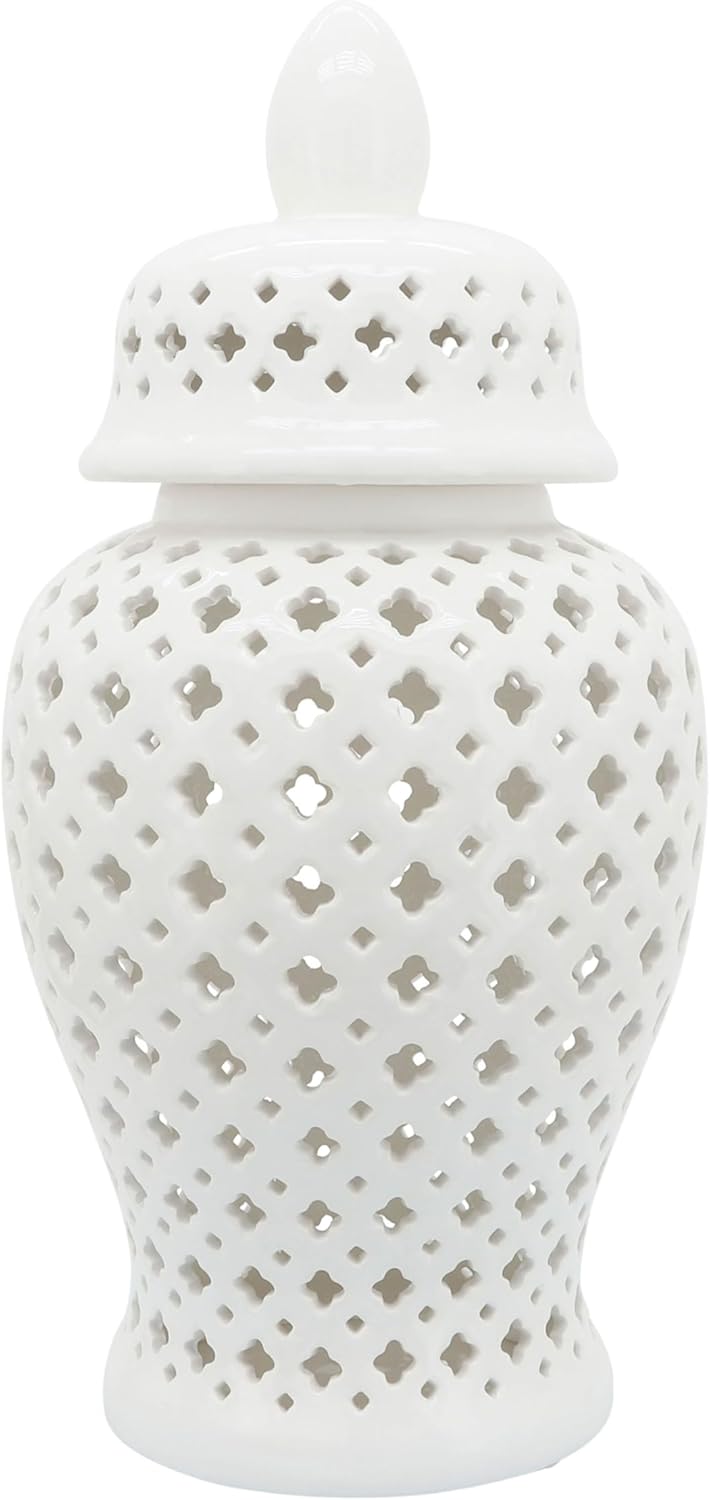 Sagebrook Home 24″ Temple Jar with Lid – Ceramic White Clover Cut-Out Design – Contemporary Decorative Stoneware for Home or Office – Decor Gift Idea Sagebrook Home 24″ Temple Jar with Lid – Ceramic White Clover Cut-Out Design – Contemporary Decorative Stoneware for Home or Office – Decor Gift Idea