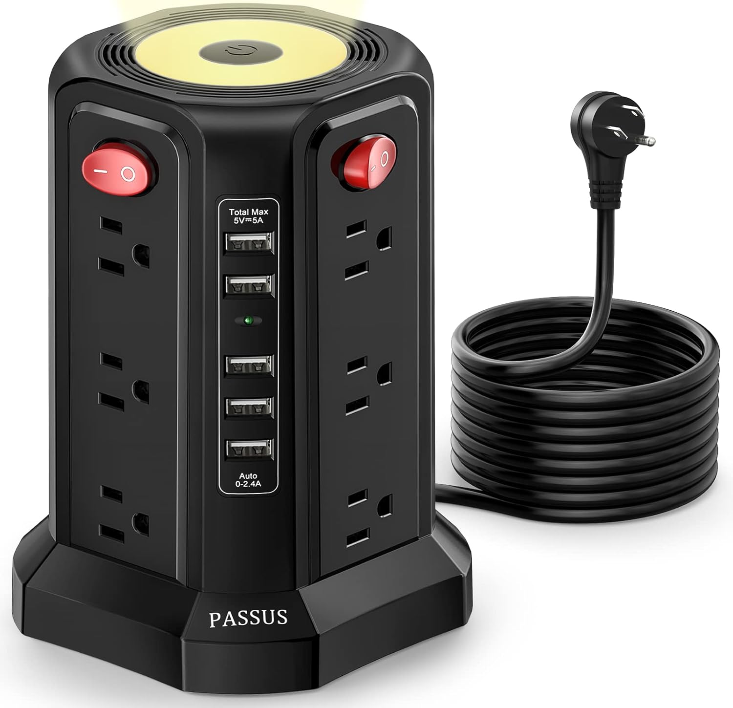 Tower Power Strip with Surge Protection, 12 AC Outlets, 5 USB Ports, Night Light, 10FT Extension Cord, 4 Independent Switches, Overload Protection